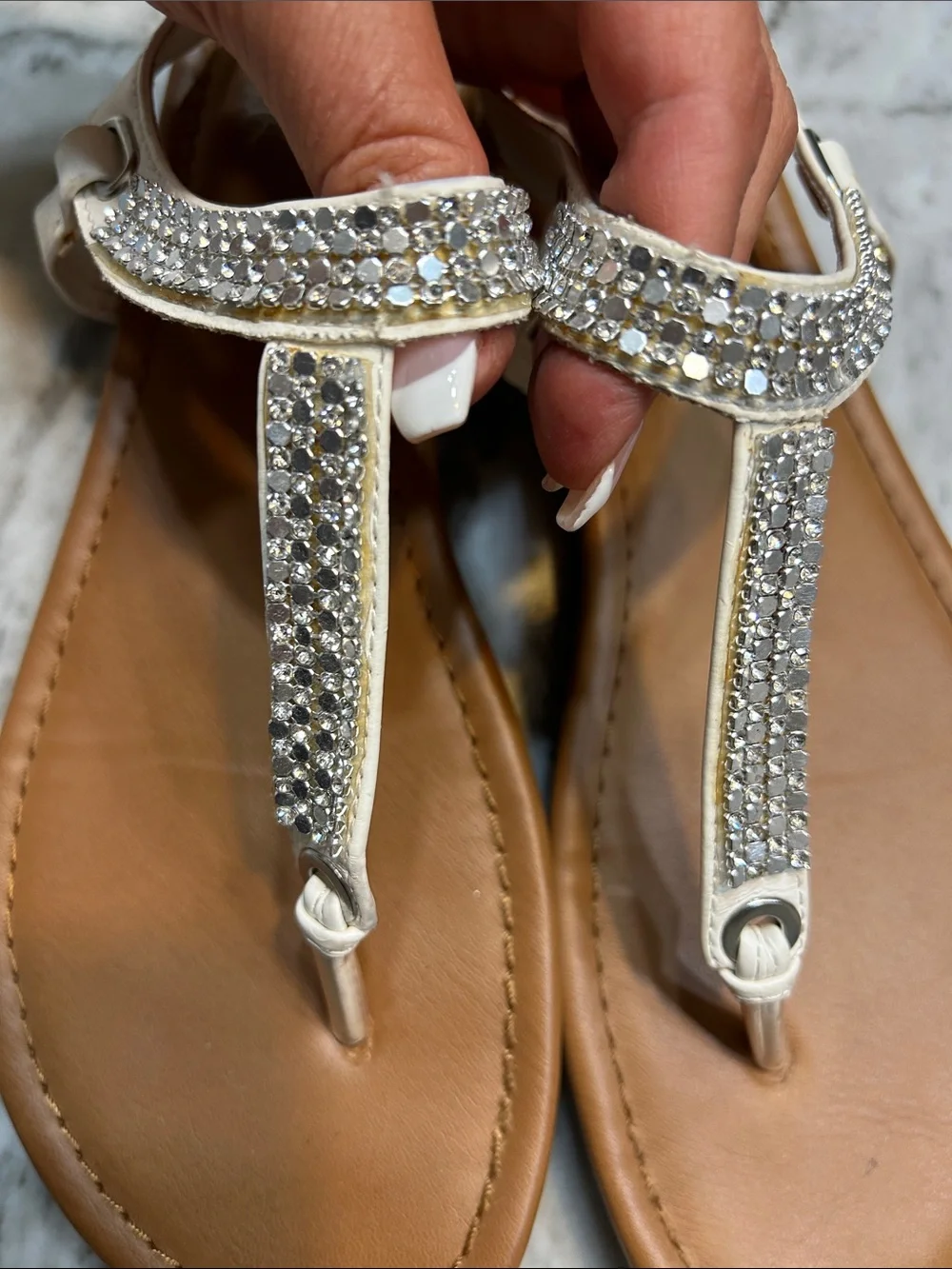 Goddess White and Brown Crystal T-Strap Sandals